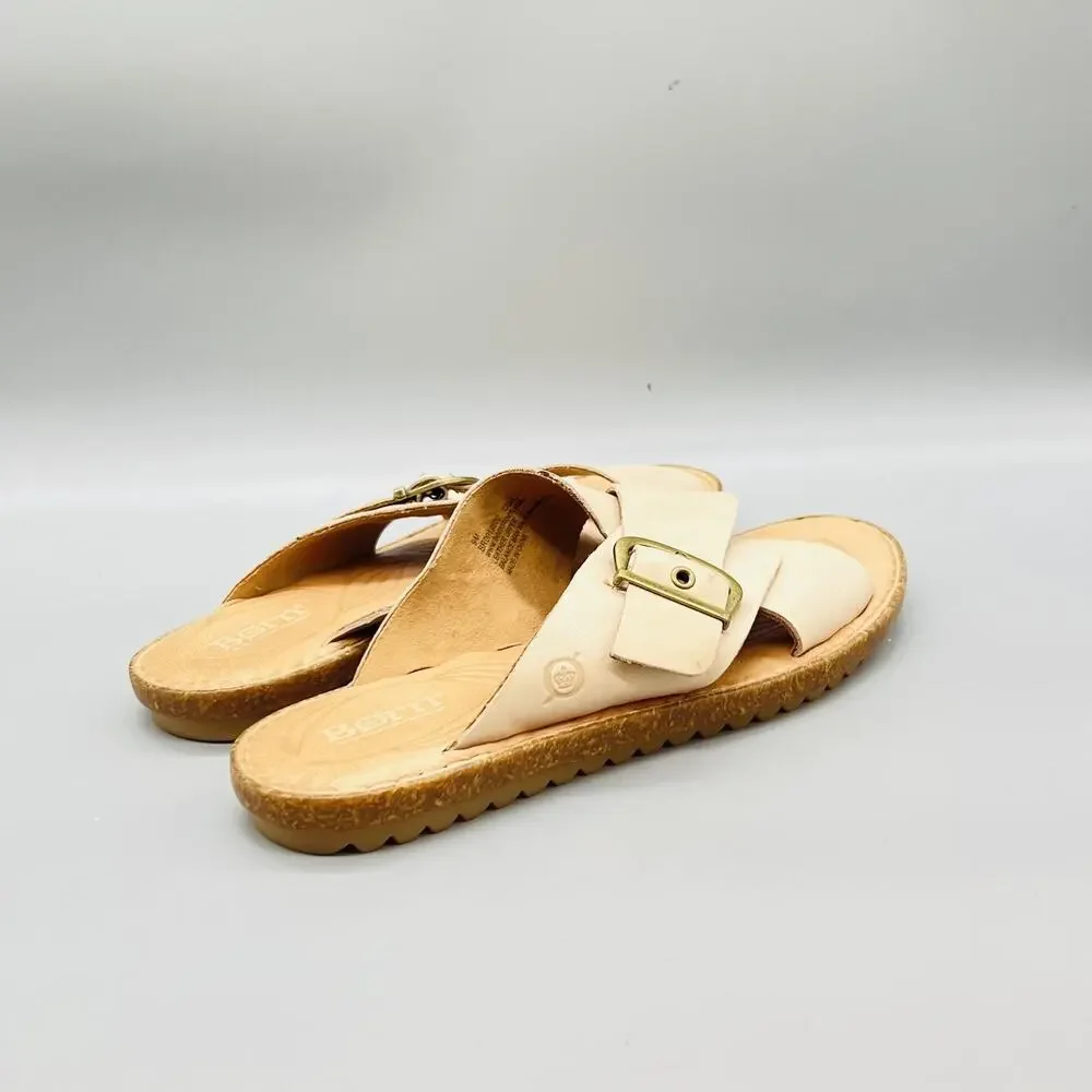 Born Sandals Womens 9 Beige Leather Crisscross Strap Slide Buckle Comfort Shoes